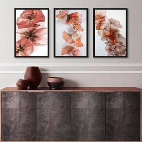 Kit 3 Quadros Decorativos Sala Flores Marrom Rosê 33X24Cm