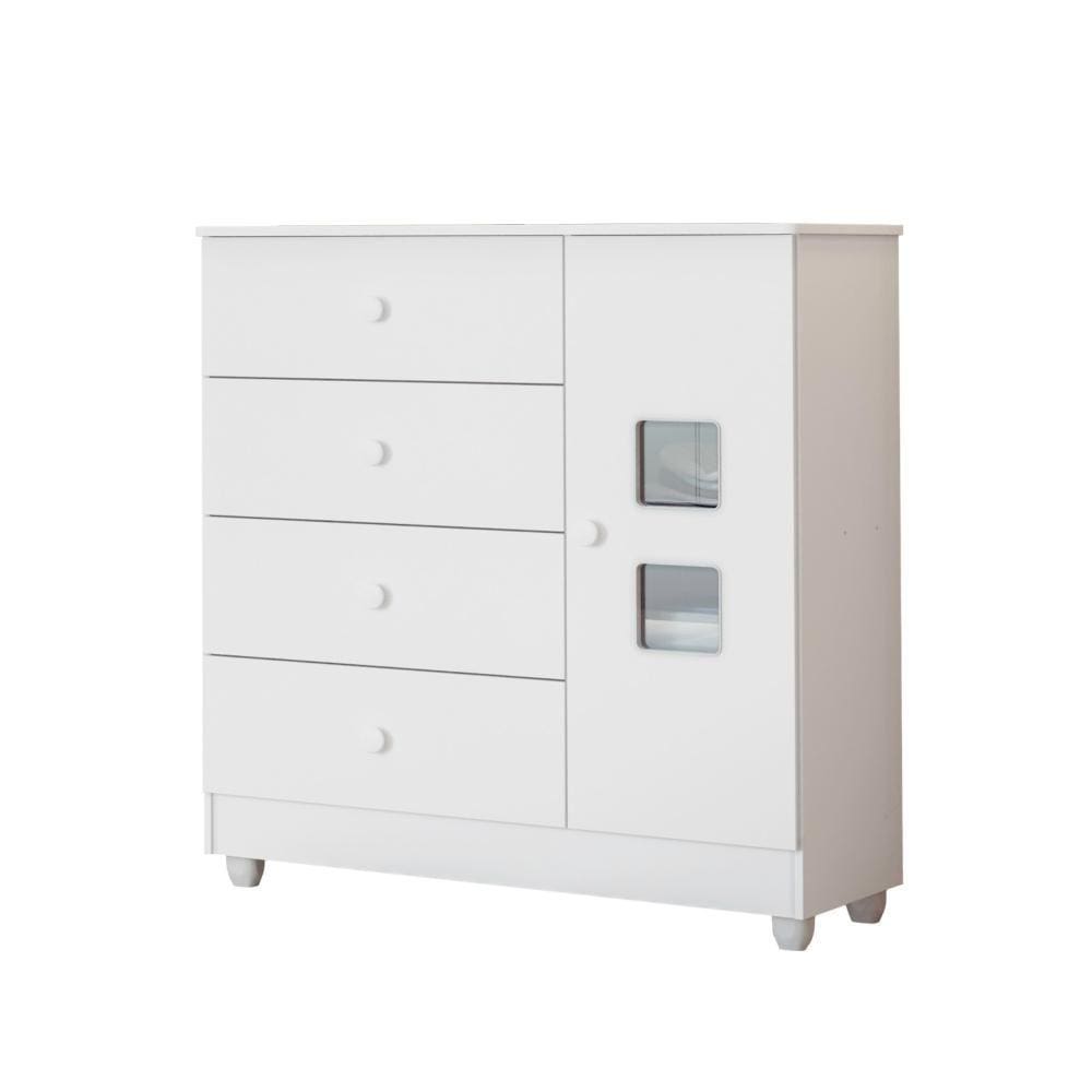 Cômoda Infantil 1 Porta 4 Gavetas Tigus Life MDF Branca