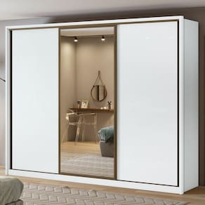 Guarda Roupa Casal com Espelho 3 Portas de Correr 6 Gavetas 270,5cm Spazio Glass Espresso Móveis Branco
