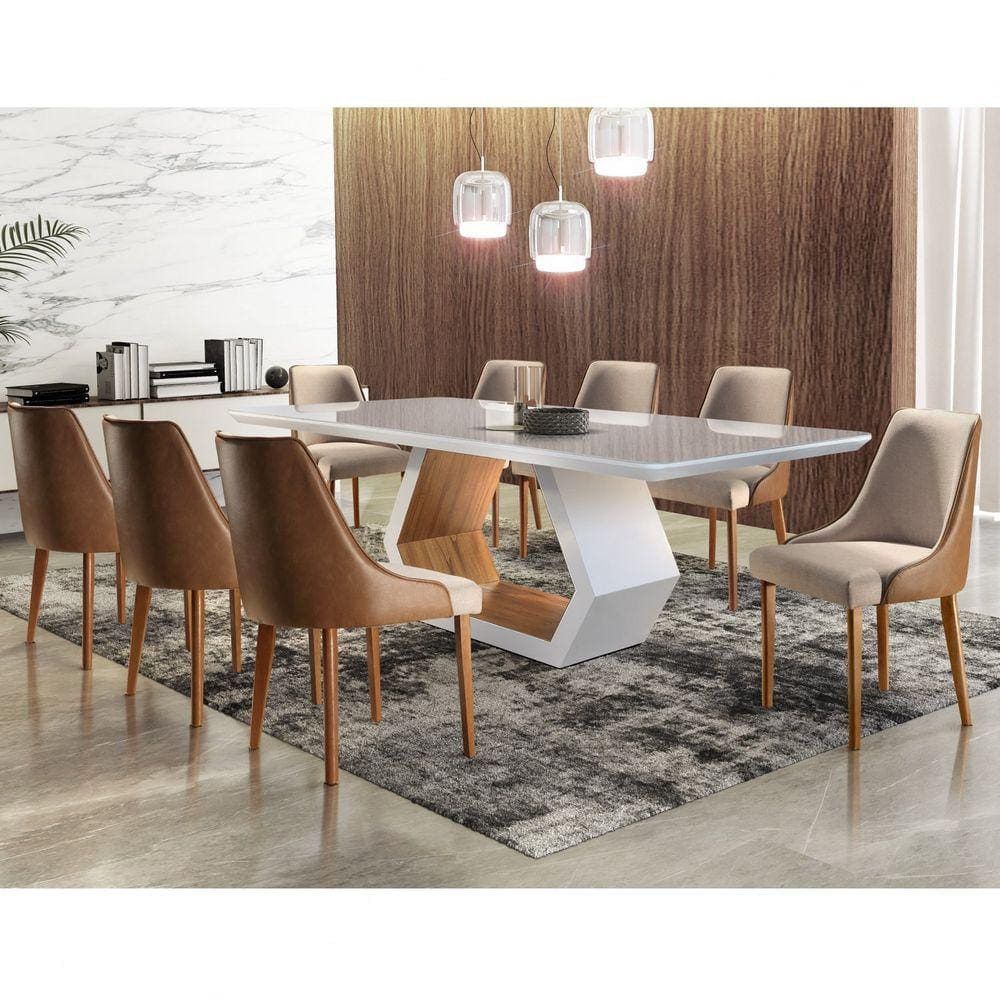 Conjunto Sala de Jantar Mesa Madeira Maciça Sarah e 8 Cadeiras Roma Mobilare Off White/Cinamomo Imbuia/Imbuia Marroml/Turim/Caramelo