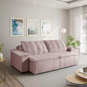 Sofá Cama Retrátil e Reclinável 4 Lugares 240cm em Veludo com Molas Palmeira CabeCasa MadeiraMadeira Rosa