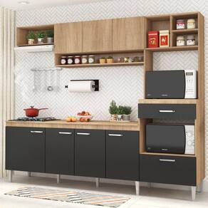 Cozinha Compacta Modulada com Tampo 8 Portas 1 Gaveta Inova Fellicci Carvalho/Grafite