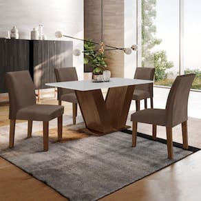Conjunto Sala de Jantar Mesa 120x80cm Tampo MDF com 4 Cadeiras Espanha Yescasa Chocolate/Off White/Marrom