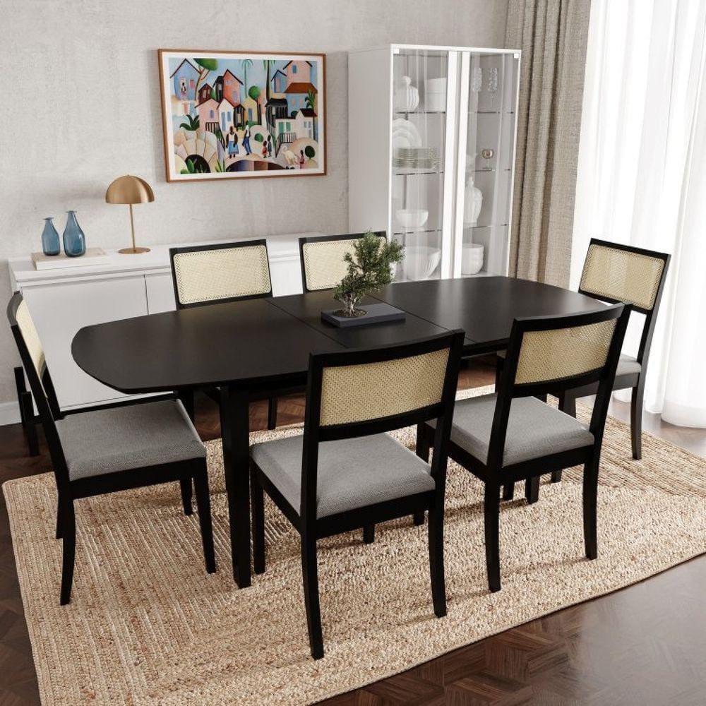 Conjunto Mesa Extensível Oval 6 Cadeira Madeira Maciça Encosto Telado Tiê CabeCasa MadeiraMadeira Preto/Cinza