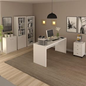 Conjunto Home Office 5 Peças com 1 Mesa 1 Balcão 1 Armário 1 Estante 1 Gaveteiro Espresso Móveis Branco