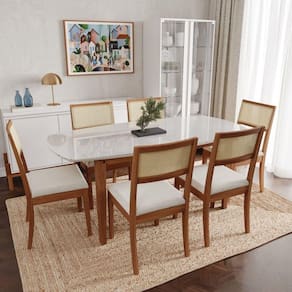 Conjunto Mesa de Jantar Tampo Vidro e MDF 1,80m e 6 Cadeiras Tiê CabeCasa MadeiraMadeira Amendoa/Bege claro