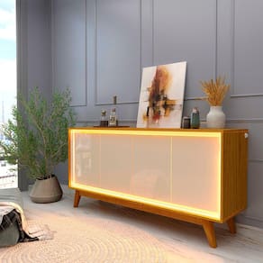 Buffet Aparador 4 Portas com LED 160cm Pés Madeira Gelius Móveis Marromle/Off White