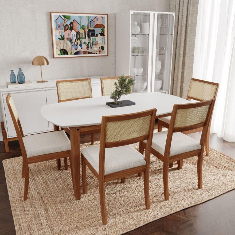 Conjunto Mesa de Jantar Tampo MDF 1,60m e 6 Cadeiras Tiê CabeCasa MadeiraMadeira Amendoa/Bege claro