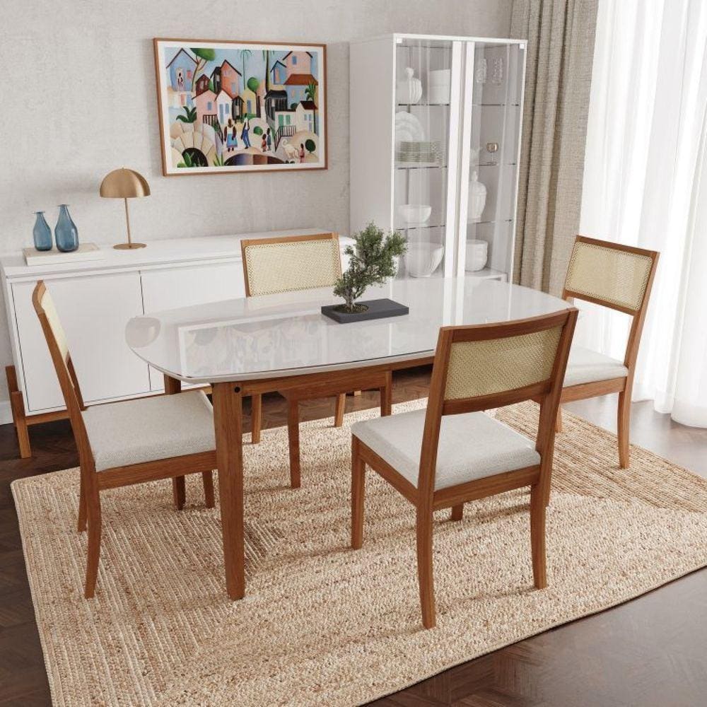 Conjunto Mesa de Jantar Tampo Vidro e MDF 1,60m e 4 Cadeiras Tiê CabeCasa MadeiraMadeira Amendoa/Bege claro