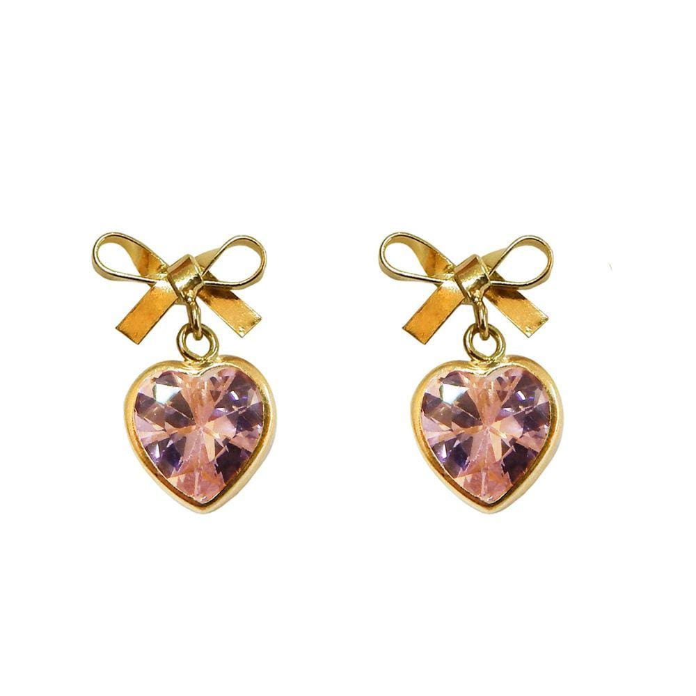 Brinco Em Ouro 18k Laço Lacinho Com Zircônia Coração Rosa