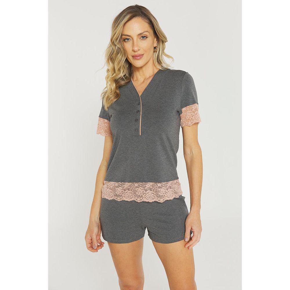 Pijama Feminino Curto Peitilho com Botão e Renda