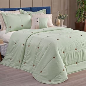 Cobre Leito Button Queen Bordado 7 pçs Verde