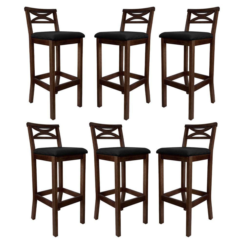 Kit 6 Banquetas Media Estofada para Bancada Madri Madeira Capuccino Suede Preto CCS