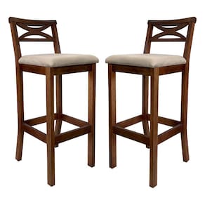 Kit 2 Banquetas Alta X Estofada 38x103Cm Ilha Encosto Madri Madeira Maciça Castanho Suede Bege CCS