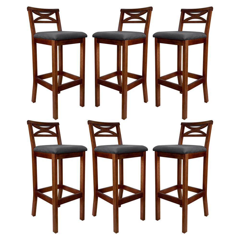 Kit 6 Banquetas Média Estofada para Bancada Madri Madeira Castanho Suede Cinza CCS
