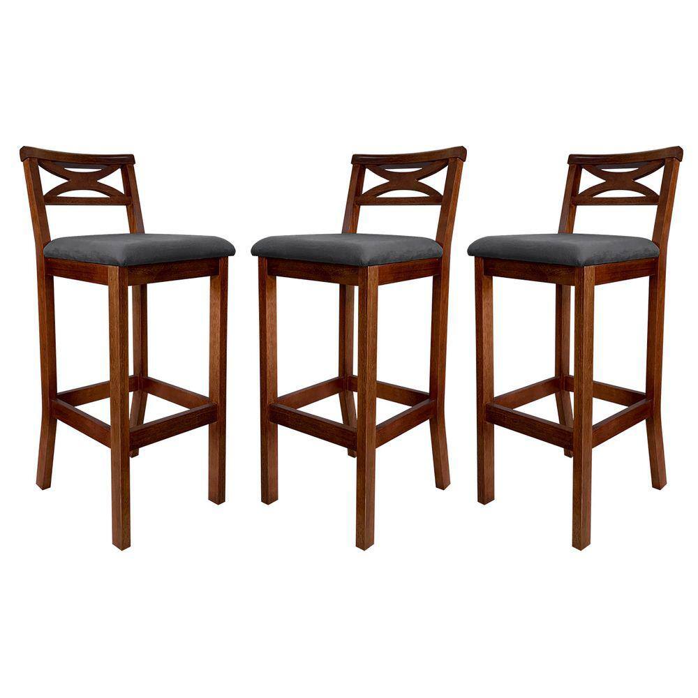 Kit 3 Banquetas Média Estofada para Bancada Madri Madeira Castanho Suede Cinza CCS