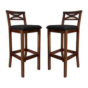 Kit 2 Banquetas Alta Estofada 38x103Cm Ilha Encosto Madri Madeira Maciça Castanho Suede Preto CCS