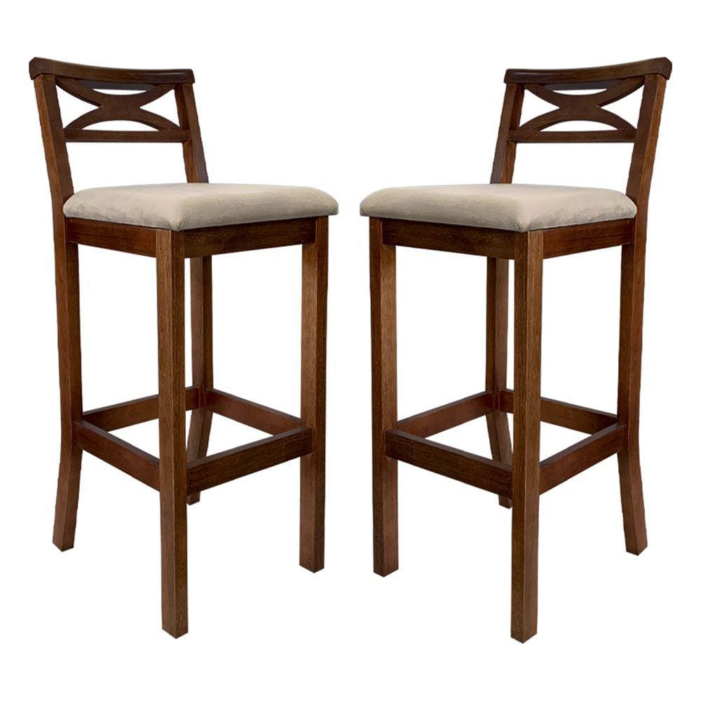 Kit 2 Banquetas de Madeira para Bancada de Cozinha Suede Bege