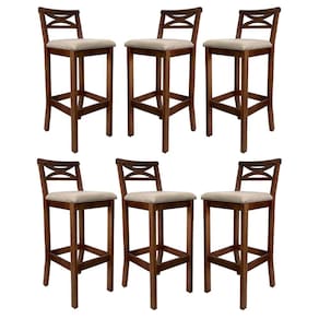 Kit 6 Banquetas Alta X Estofada 38x103Cm Ilha Encosto Madri Madeira Maciça Castanho Suede Bege CCS