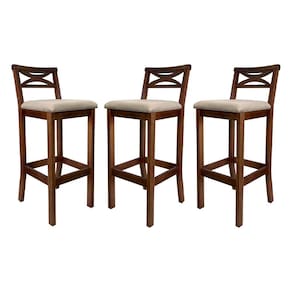 Kit 3 Banquetas Alta X Estofada 38x103Cm Ilha Encosto Madri Madeira Maciça Castanho Suede Bege CCS