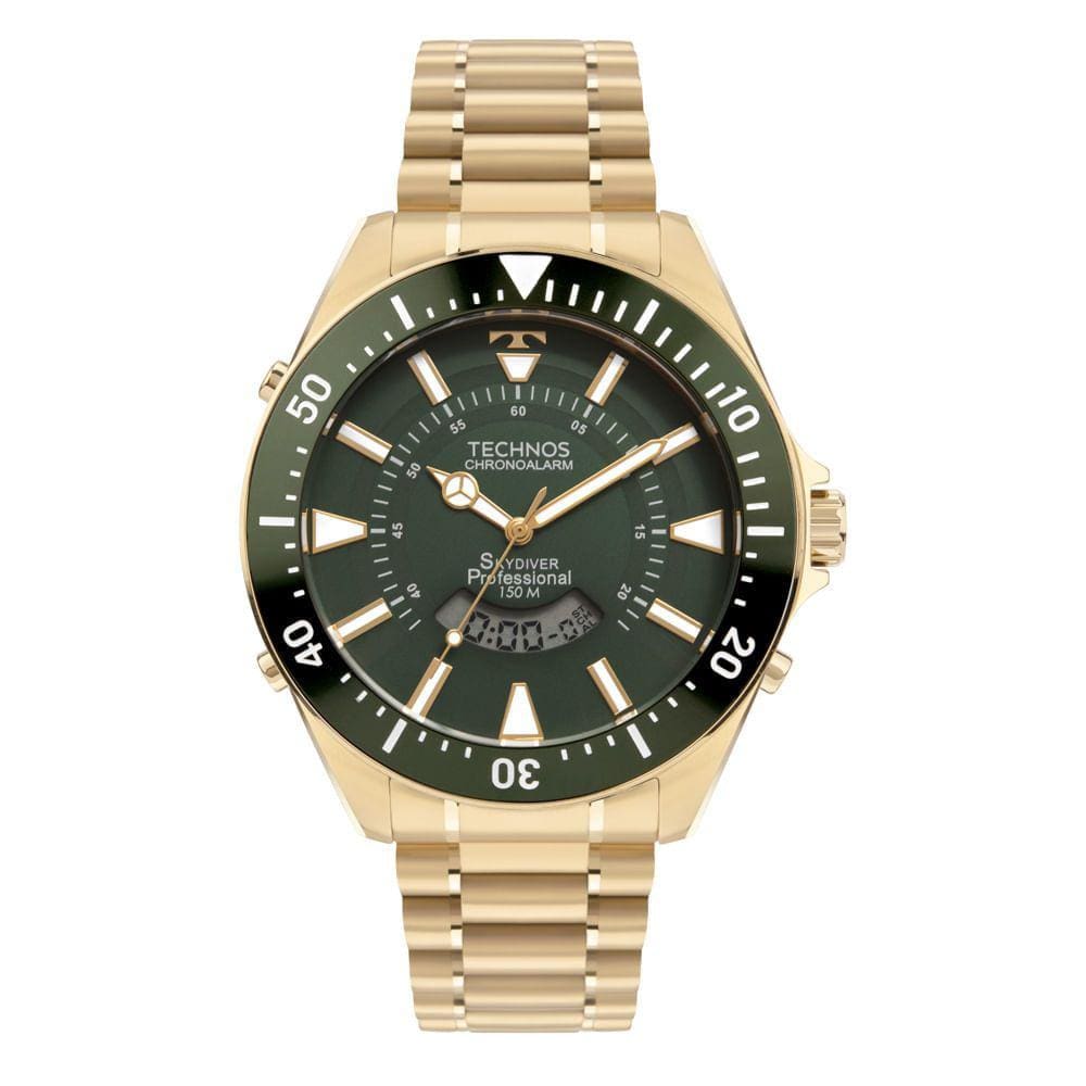 Relógio TECHNOS masculino anadigi dourado verde WT2050AJ/1V