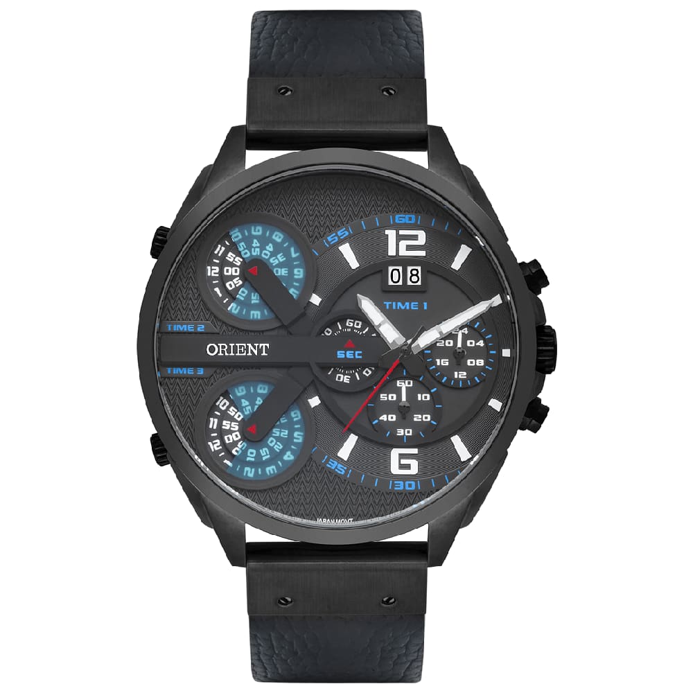 Relógio ORIENT masculino multi-time couro preto MPSCT004 P2PX