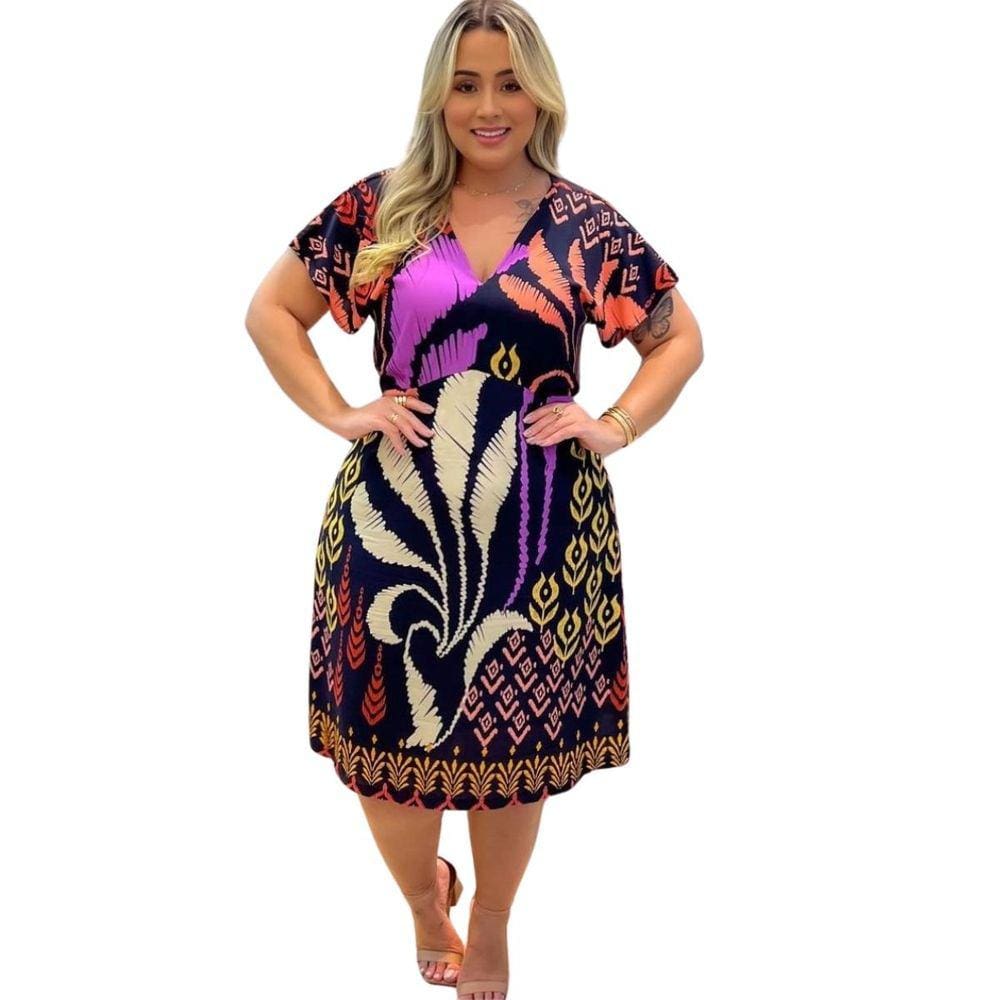 Vestido Curto Estampado Domenica Viscose Manga Curta Plus Size