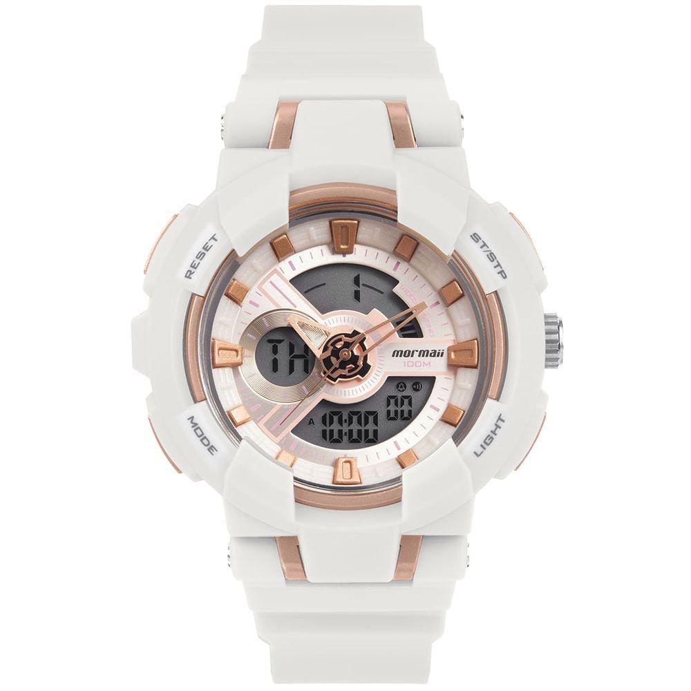 Relógio MORMAII feminino anadigi branco rosê MO16718/8B