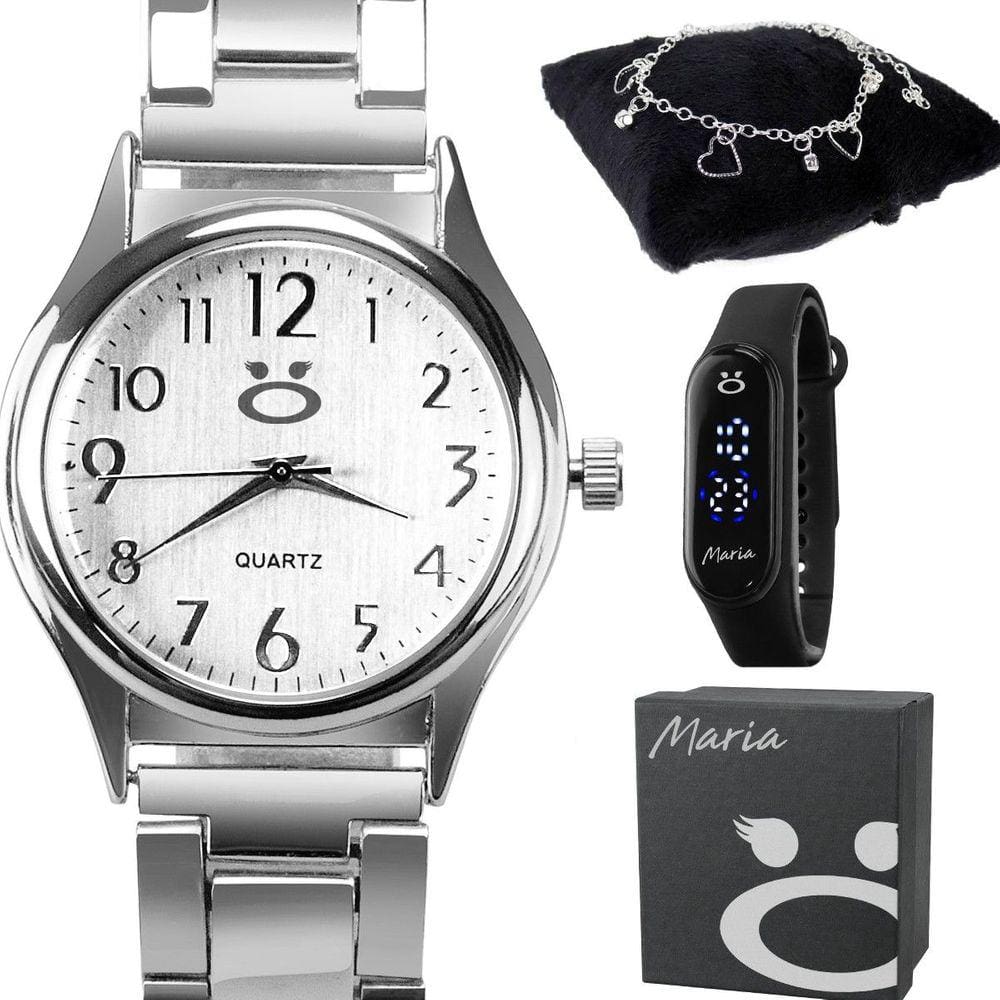 Relogio feminino aço inox prata + caixa + pulseira presente