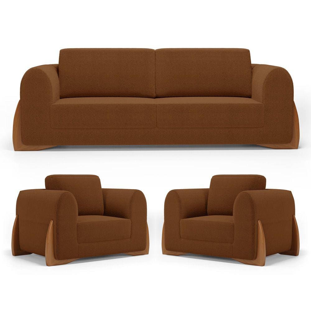Kit 02 Poltronas e 01 Sofá Bloom 160cm 02 Lugares com Pés de Madeira Bouclê Terracota - Desk Design