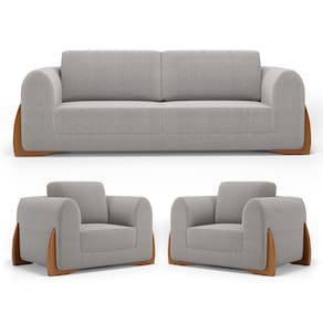 Kit 02 Poltronas e 01 Sofá Bloom 220cm 03 Lugares com Pés de Madeira Bouclê Cinza - Desk Design
