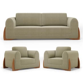 Kit 02 Poltronas e 01 Sofá Bloom 200cm 03 Lugares com Pés de Madeira Bouclê Bege - Desk Design
