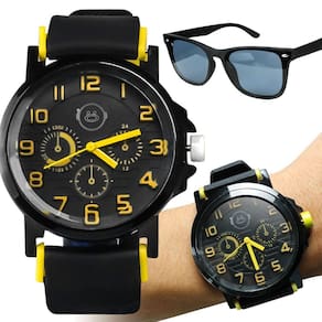 Relogio aço silicone masculino + oculos sol protecao uv