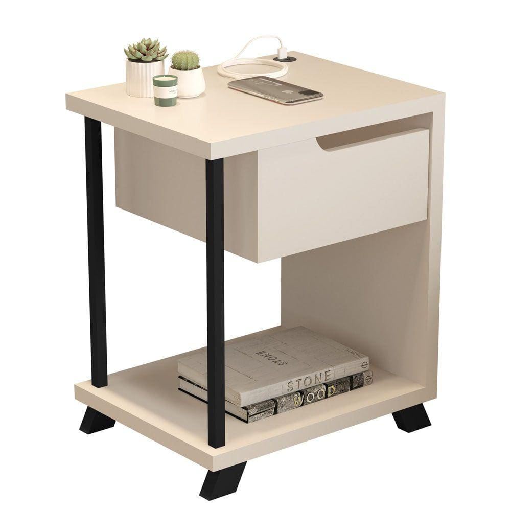 Mesa de Cabeceira com 1 Gaveta Design Estilo USB - Perola - TuttiCasa