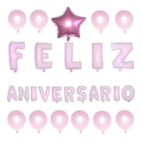 Kit Balão Metalizado Feliz Aniversário Festa 27 Peças Rosa