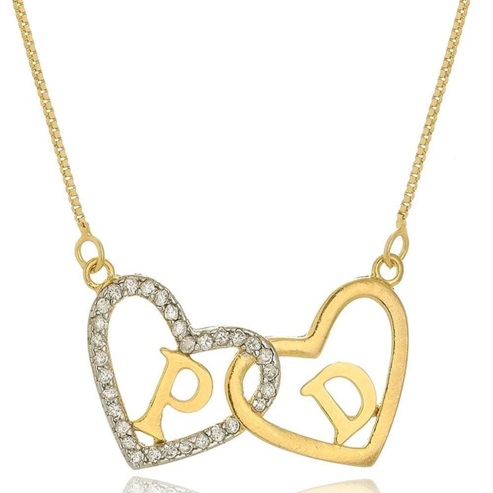 Colar Personalizado Corações Com Detalhes Em Zircônia E Inicial [f027]