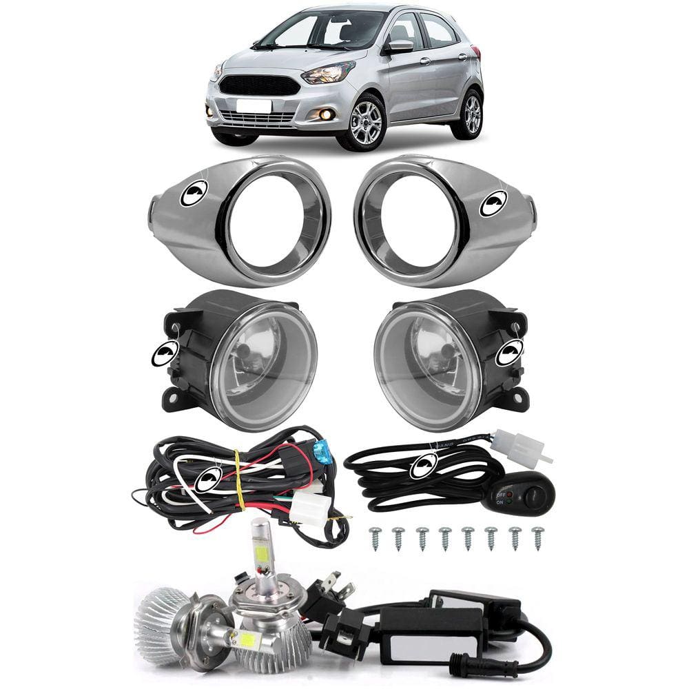 Kit Farol Milha Ka 2015 a 2018 Moldura Cromada Botão Alternativo + Kit Lâmpada Super LED