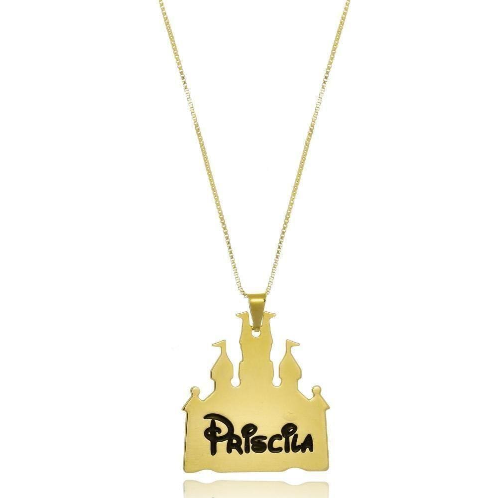 Colar Personalizado Castelo Da Disney Nome Folheado Em Ouro 18k [f027]