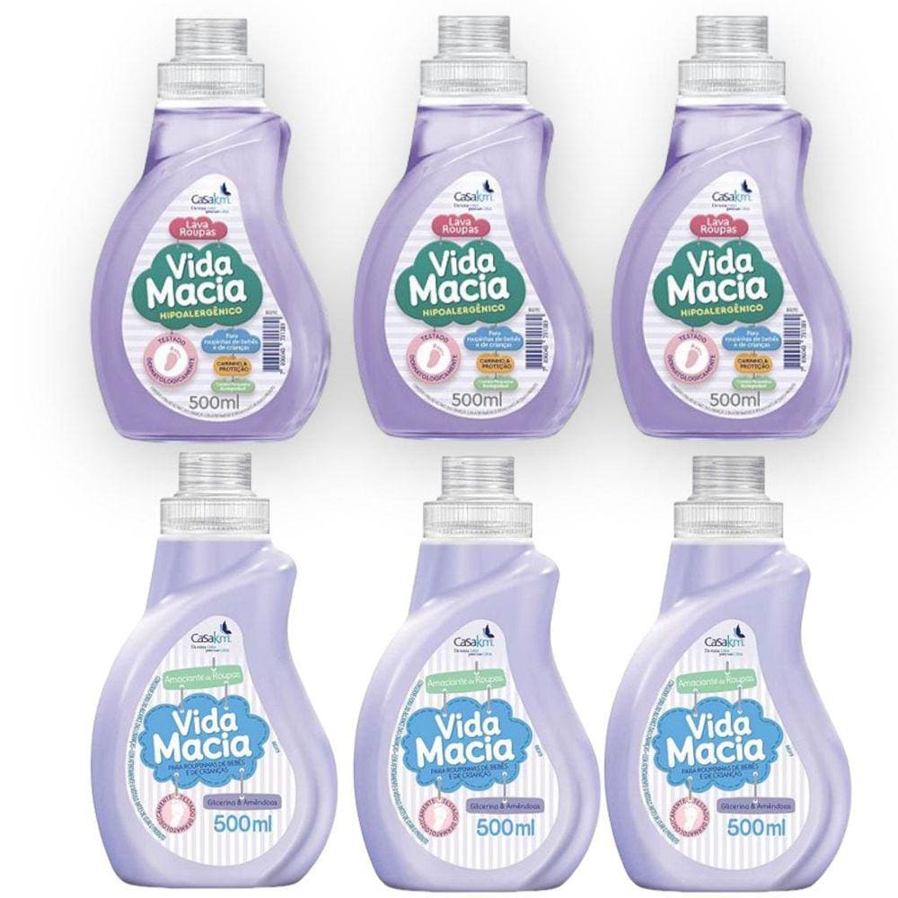 Kit Vida Macia: 3 Un Lava Roupas 500Ml + 3 Un Amaciante Amendoas 500Ml