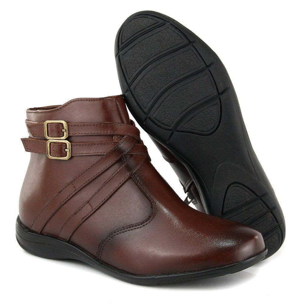 Bota Casual Couro Feminina Solado Rasteiro Pinhão