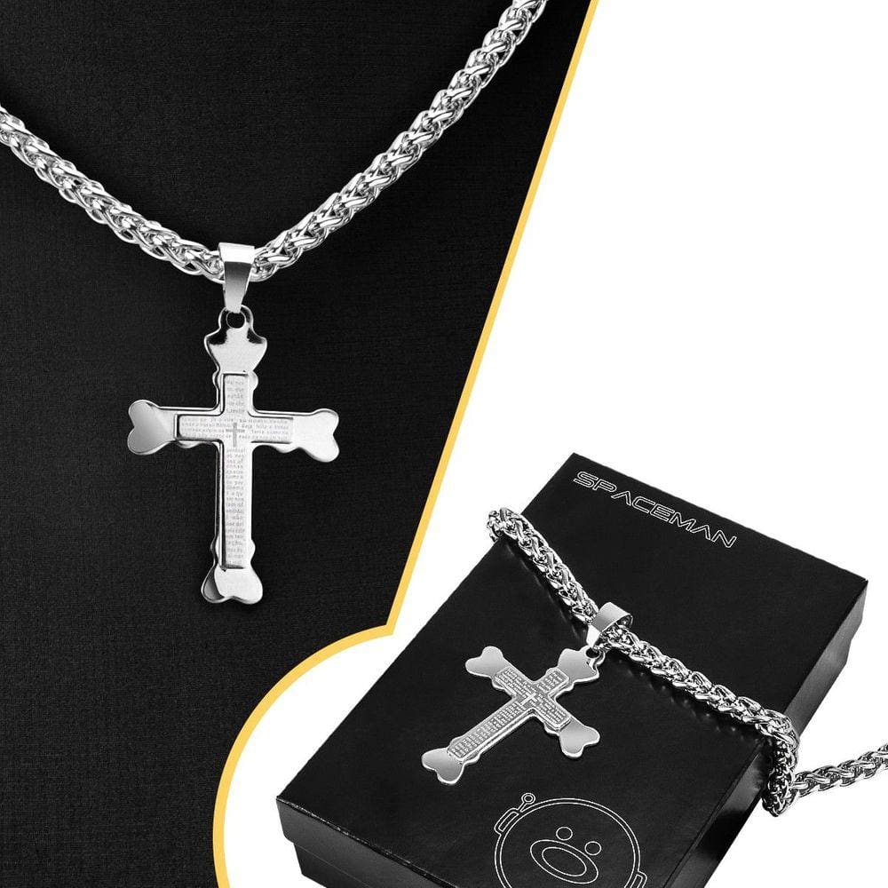 cordão prata aço inox + pingente cruz pai nosso estiloso