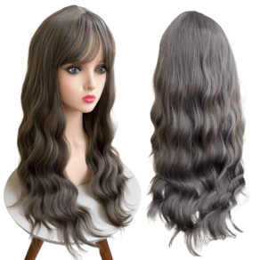 Peruca longa ondulada com franja wig fibra premium 65cm