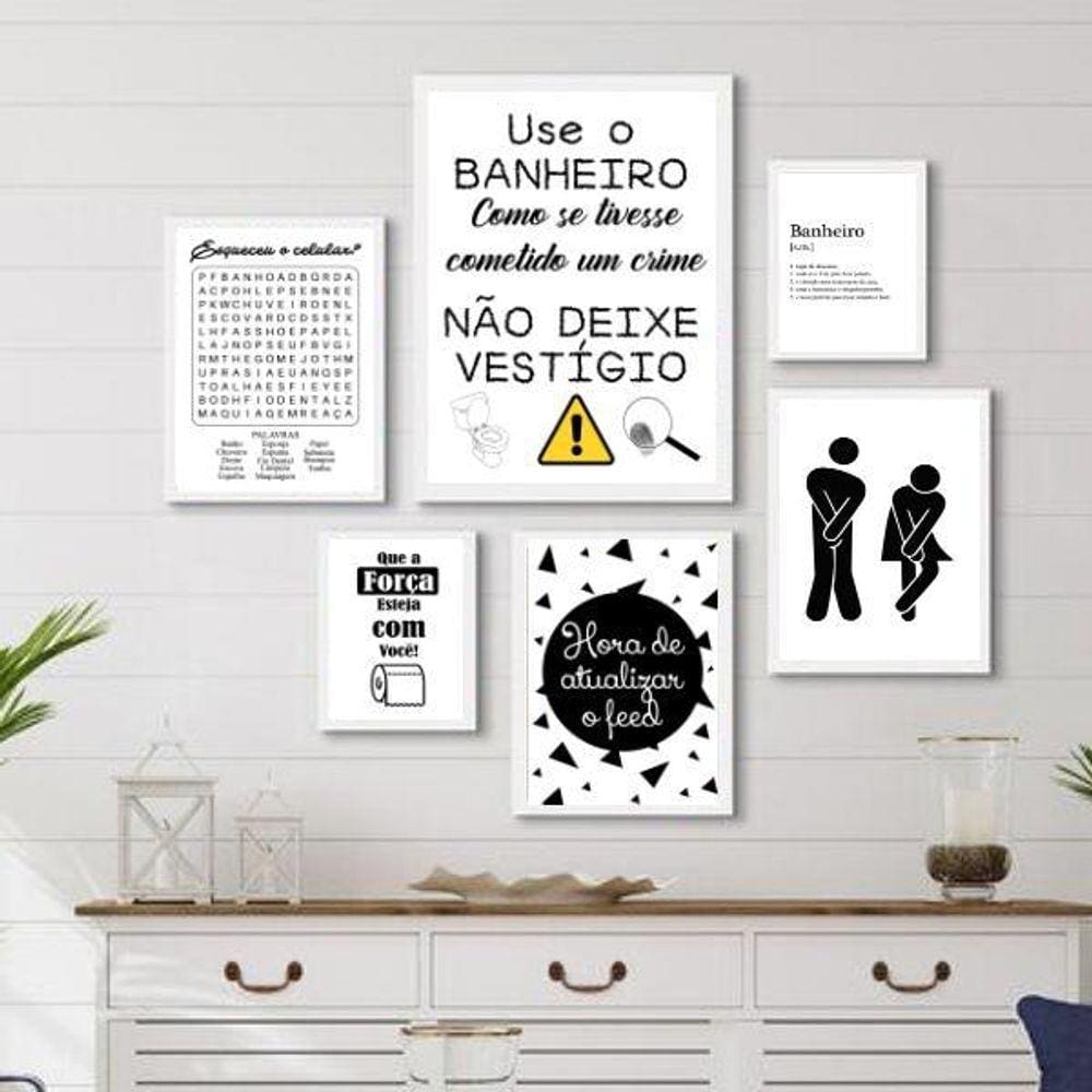 Kit Composição 6 Quadros Divertidos Banheiro - Com Vidro