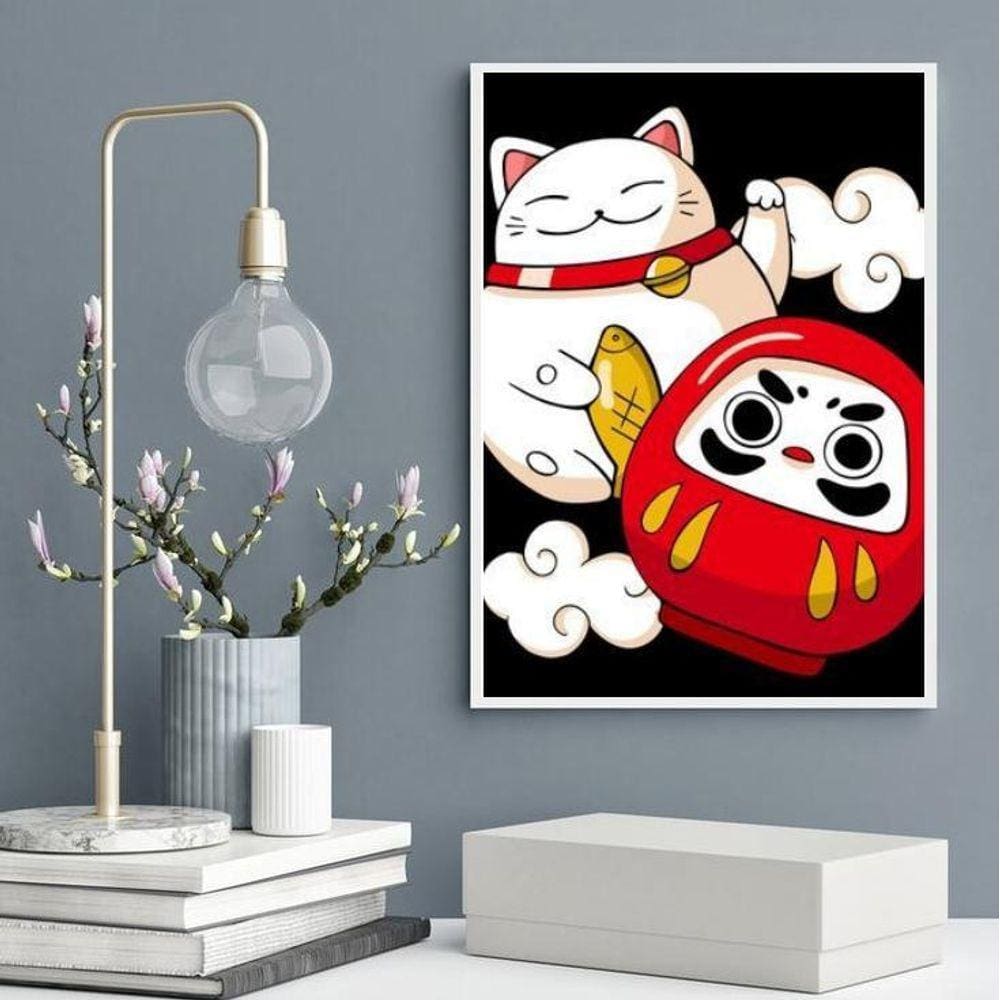 Quadro Decorativo Maneki Neko E Daruma 33X24Cm - Com Vidro