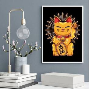 Quadro Decorativo Gato Maneki Neko 45X34Cm - Com Vidro