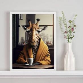 Quadro Decorativo Girafa Tomando Café 33X24Cm - Com Vidro