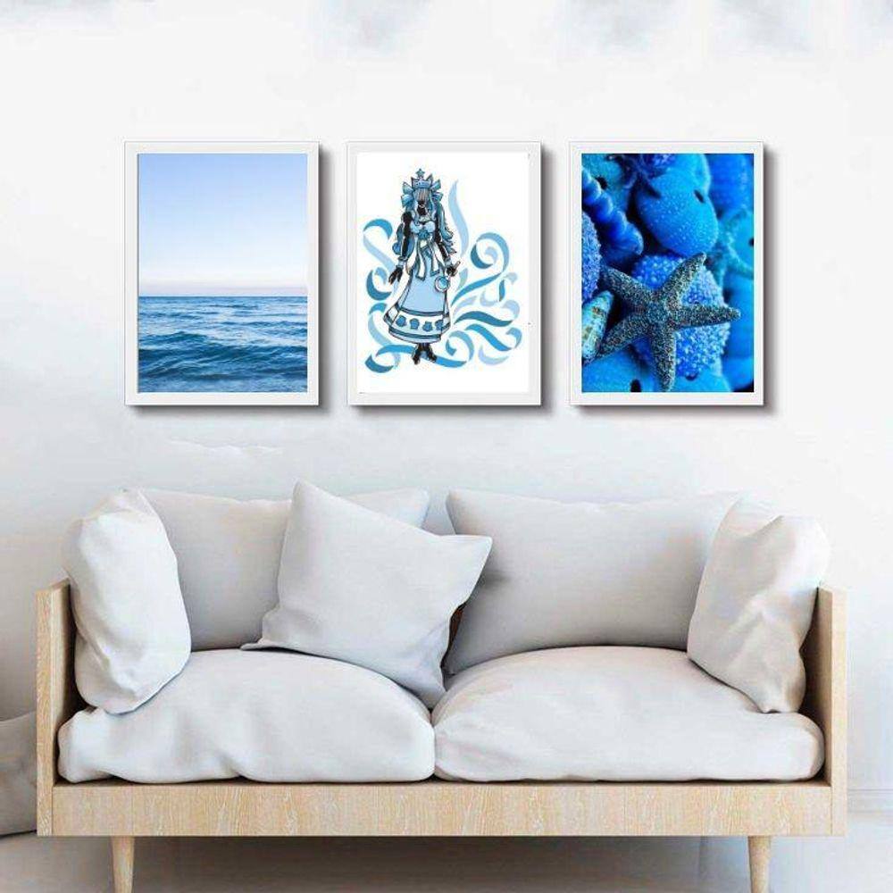 Kit 3 Quadros Orixá Iemanjá Azul 33X24Cm