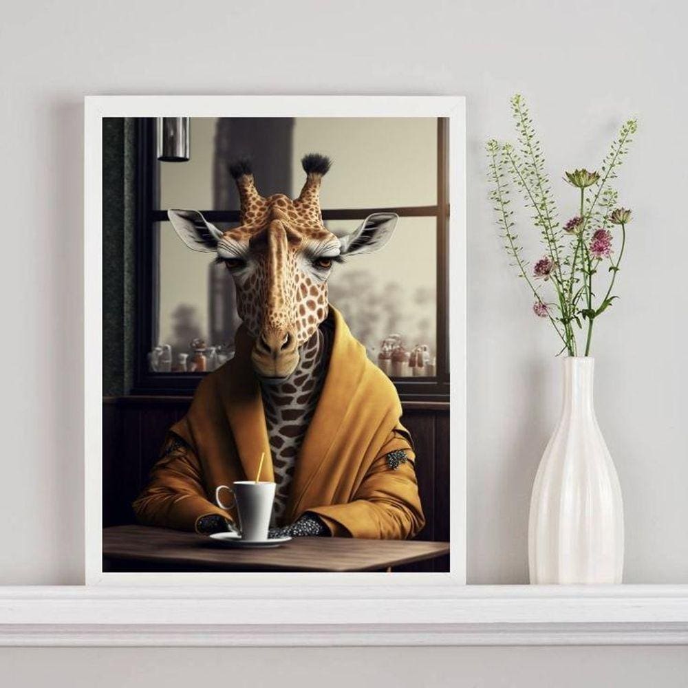 Quadro Decorativo Girafa Tomando Café 24X18Cm - Com Vidro