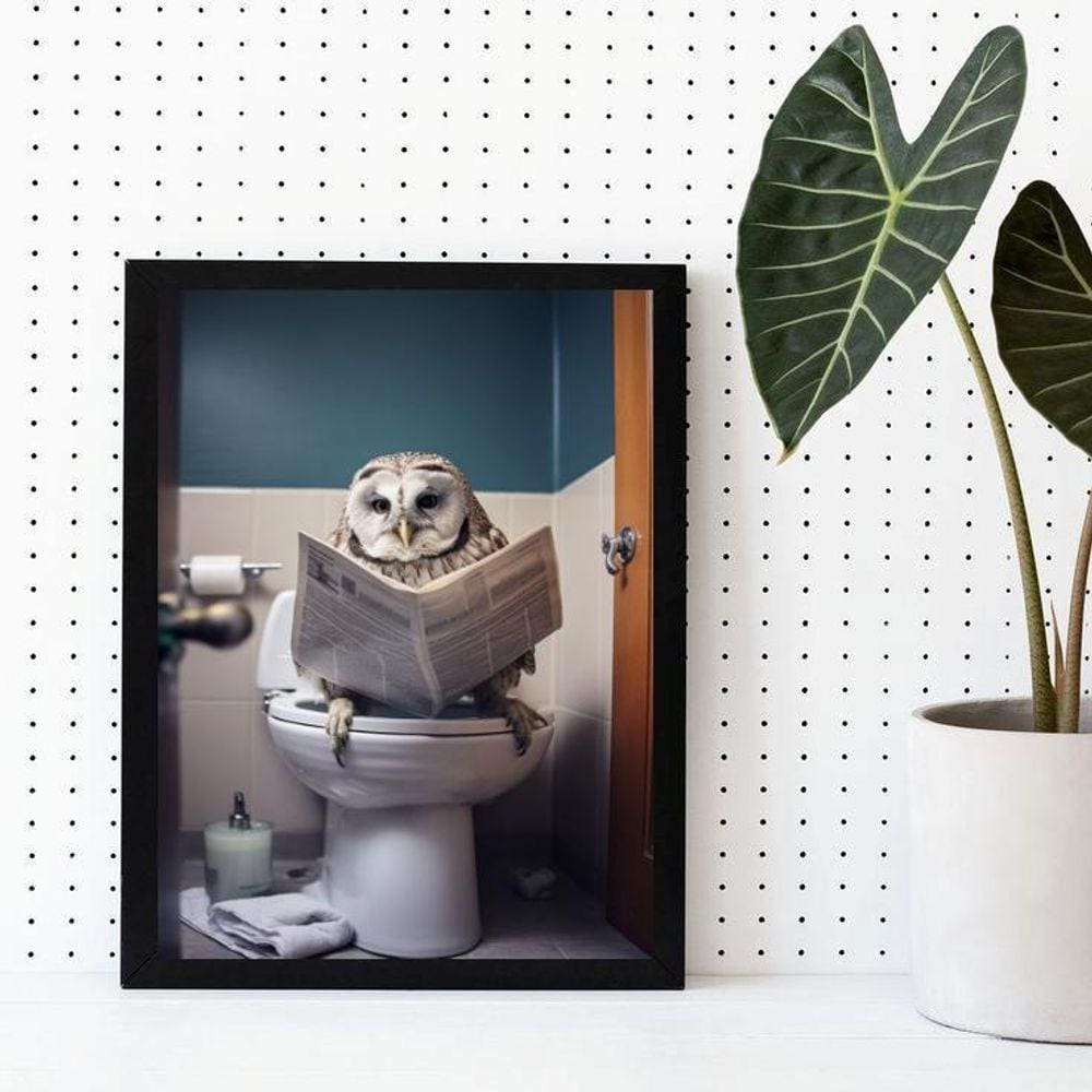 Quadro Decorativo Coruja No Banheiro 45X34Cm - Com Vidro