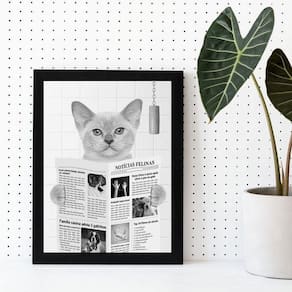 Quadro Decorativo Gato Lendo Jornal No Banheiro 33X24Cm